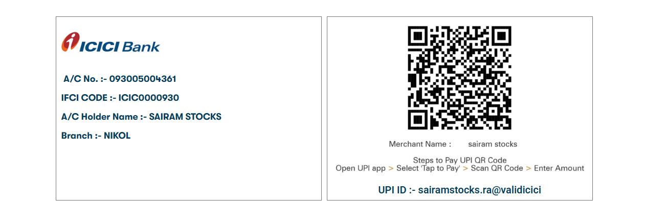 ICICI Bank transfer and UPI payment details for Sairam Stocks, including a scannable QR code